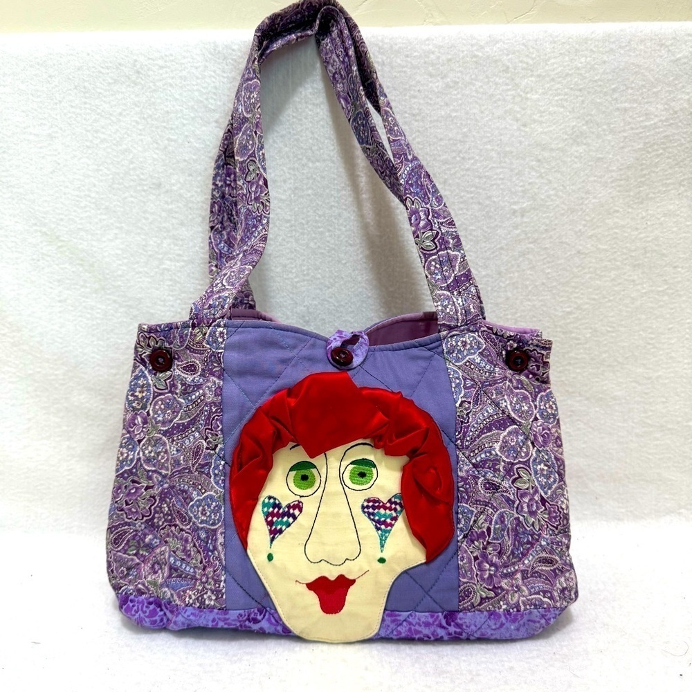 Hand crafted quilted lavender purse bag painted lady multiple pockets paisley